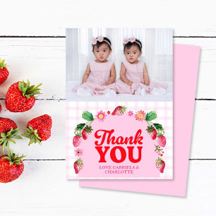 Twins Joint Berry First Birthday Strawberry Photo Thank You Card