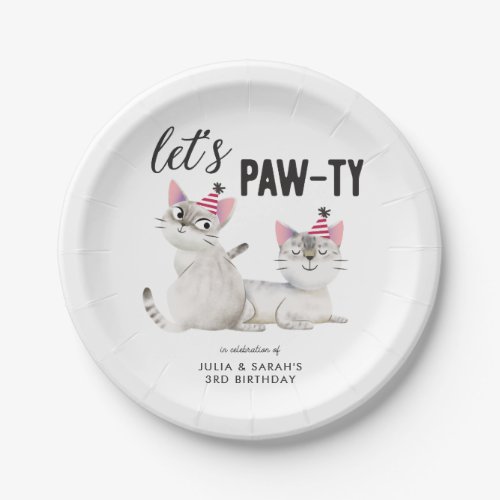 Twins Joint Birthday Lets Pawty Cats Paper Plates