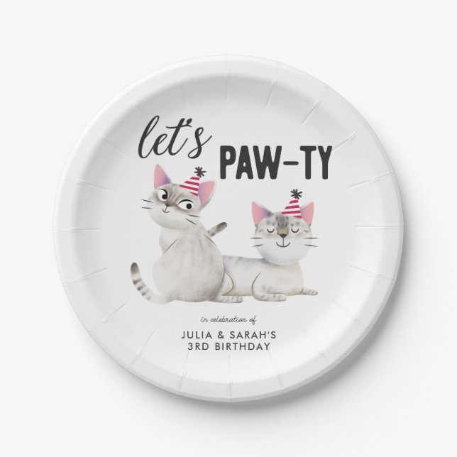 Twins Joint Birthday Lets Pawty Cats Paper Plates (Front)