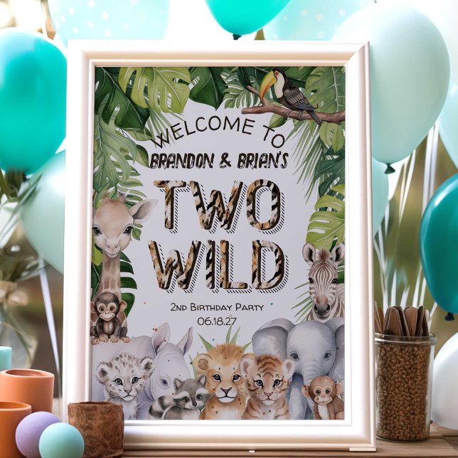 Twins Jungle safari animals Two Wild welcome sign (Twins, Two Wild Jungle animals themed 2nd birthday welcome sign)
