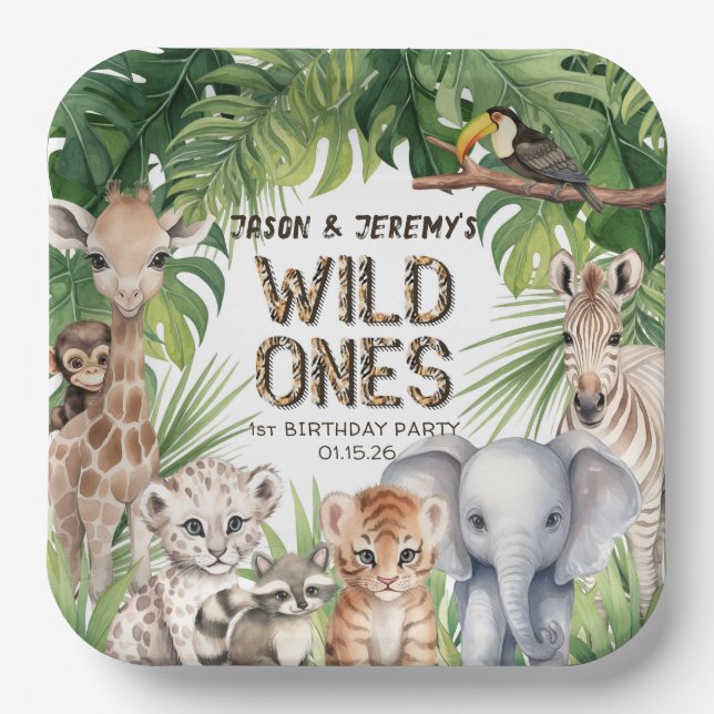 Twins Jungle safari animals wild one 1st birthday Paper Plates (Front)