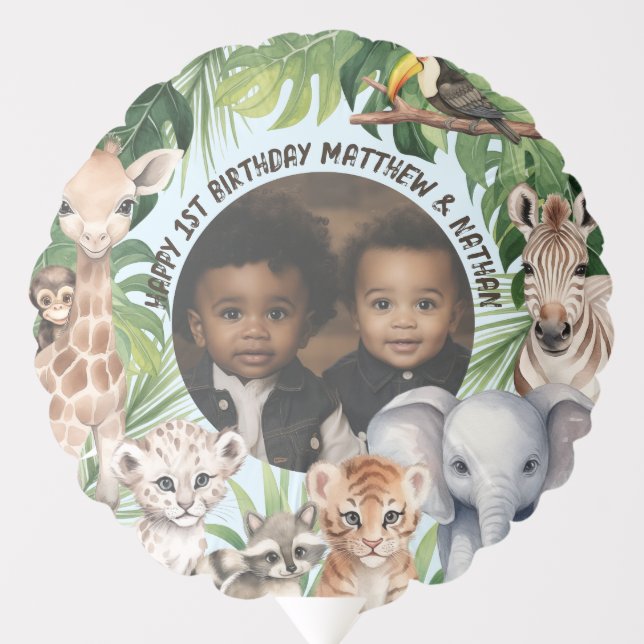 Twins Jungle Safari Themed Blue Happy 1st Birthday Balloon (Front)