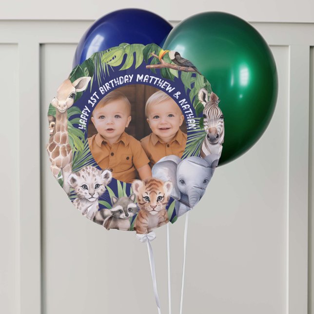 Twins Jungle Safari Themed Blue Happy 1st Birthday Balloon (Twin Navy Blue Safari Themed, Birthday balloon)