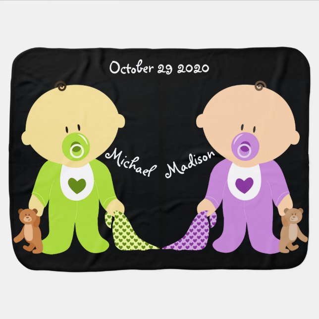 Twins Keepsake Baby Blanket with both names (Horizontal)