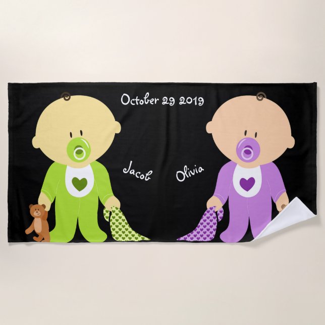 Twins Keepsake Personalized Beach Towel (Front)