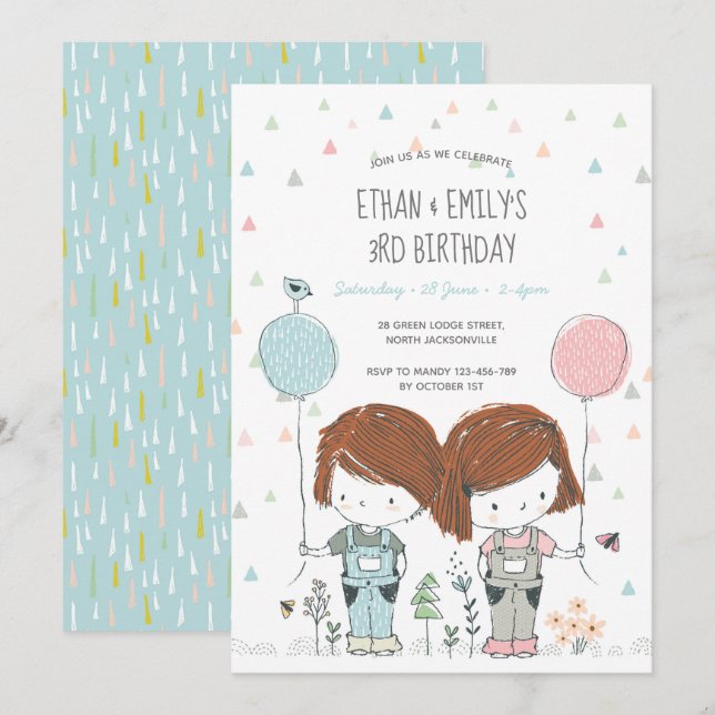 Twins Kids Birthday Invitation whimsical (Front/Back)