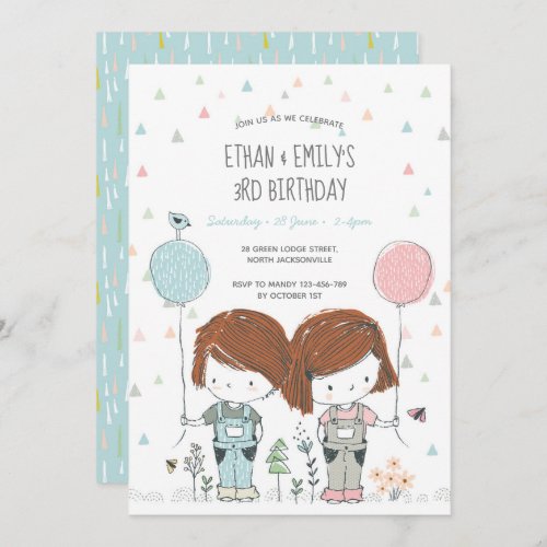 Twins Kids Birthday Invitation whimsical