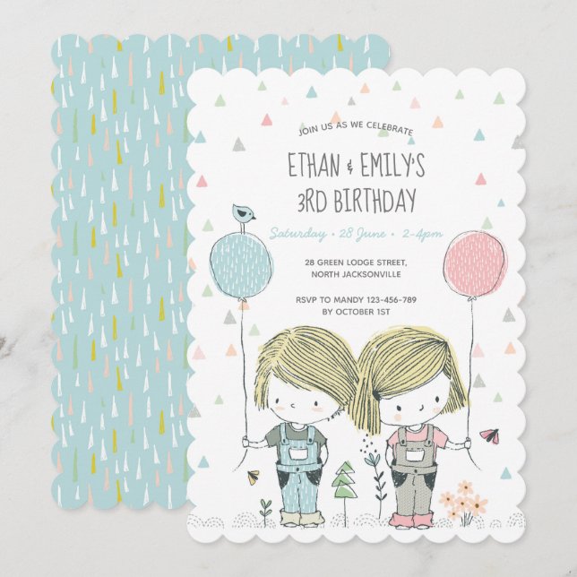 Twins Kids Birthday Invitation whimsical (Front/Back)