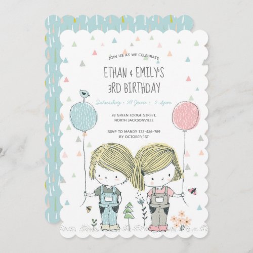 Twins Kids Birthday Invitation whimsical