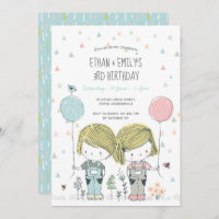 Twins Kids Birthday Invitation whimsical