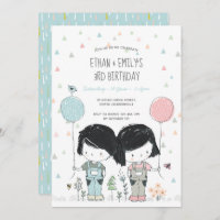 Twins Kids Birthday Invitation whimsical