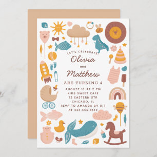 Twins kids birthday party. Baby animals toys