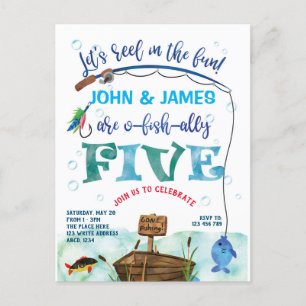 Twins little fisherman themed 5th o-fish-ally invitation postcard