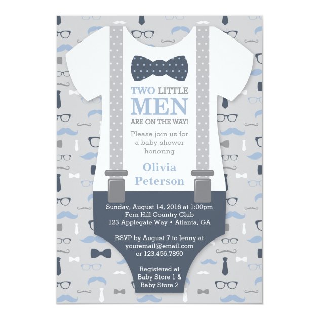 Twins Little Man Baby Shower Invitation, Blue Gray Card