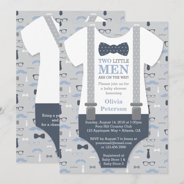 Twins Little Man Baby Shower Invitation, Blue Gray Invitation (Front/Back)