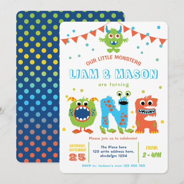 Twins little monsters 1st birthday party boy first invitation (Front/Back)