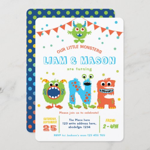 Twins little monsters 1st birthday party boy first invitation