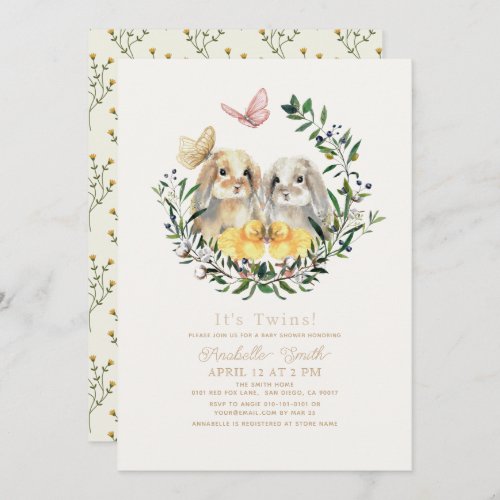 Twins Lop Rabbit Bunny Chick Butterfly Baby Shower Invitation