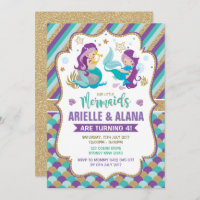 Twins Mermaid Birthday Invitation Girls Pool Party