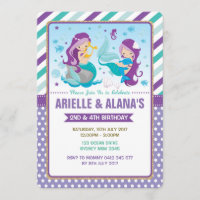 Twins Mermaid Birthday Invitation Sisters Siblings