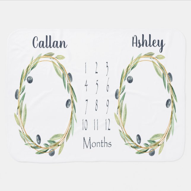 Twins Milestone Baby Blanket- Olive Wreath Baby Blanket (Horizontal)