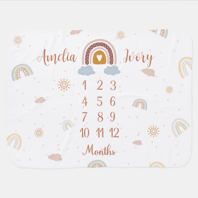 Twins Milestone Blanket Rainbow Moon Dots, Baby Ca (Horizontal)
