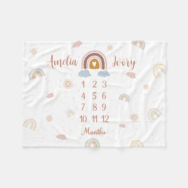 Twins Milestone Blanket Rainbow Moon Dots, Baby Ca (Front (Horizontal))