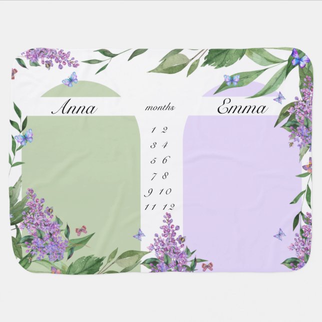 Twins Milestone Floral Girl Butterfly Lavander Baby Blanket (Horizontal)