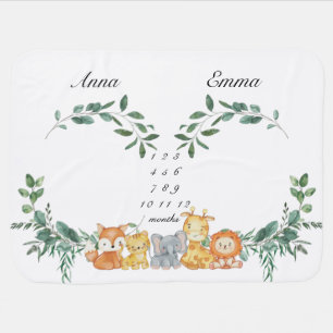 Twins Milestone Gender Neutral Baby Animals Baby B Blanket