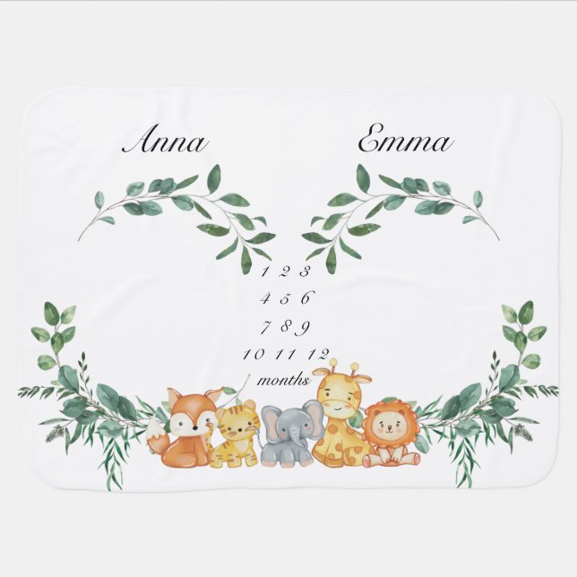 Twins Milestone Gender Neutral Baby Animals Blanket (Horizontal)