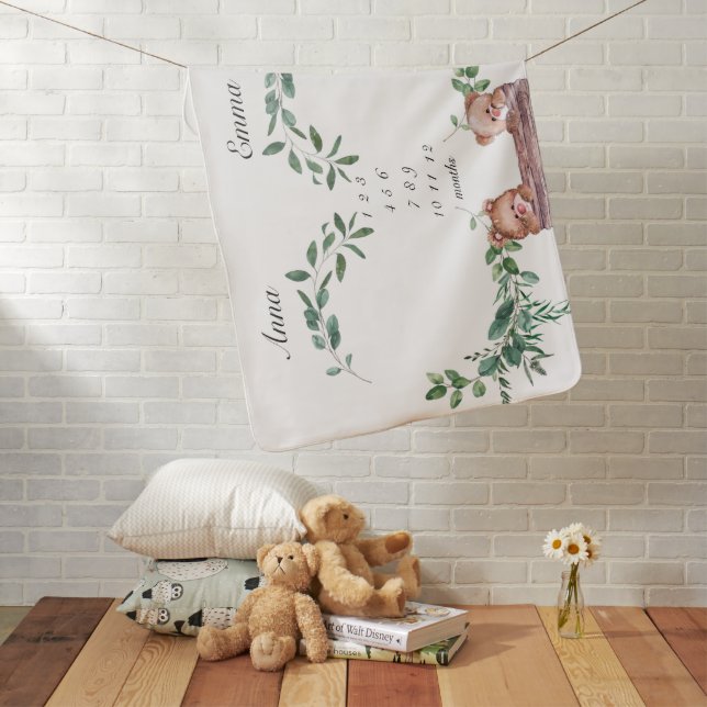 Twins Milestone Gender Neutral Baby Teddy Bear Baby Blanket (In Situ)