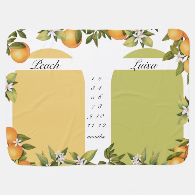 Twins Milestone Greenery Tangerine Floral Elegant Baby Blanket (Horizontal)
