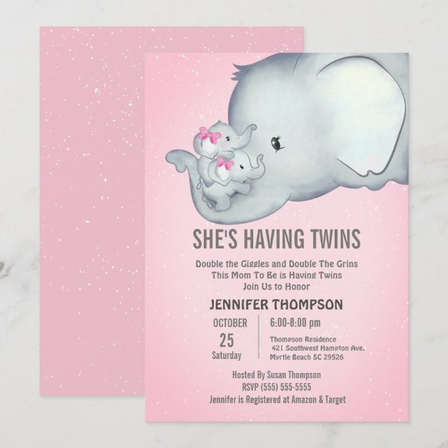 Twins Mommy  Girls Pink Elephant Invitation (Front/Back)