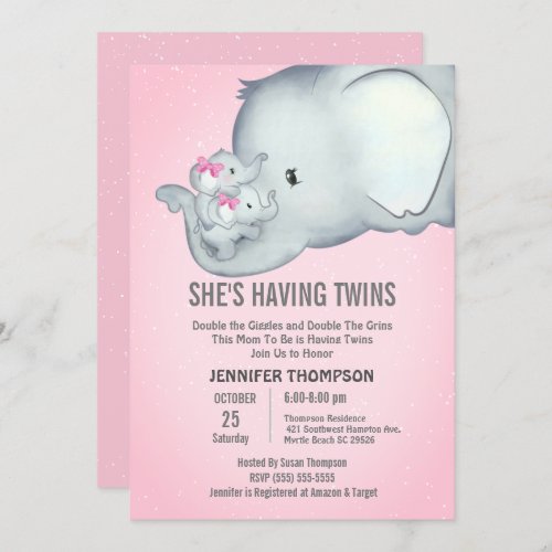 Twins Mommy  Girls Pink Elephant Invitation