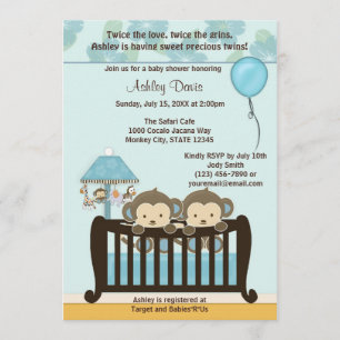 TWINS Monkey Baby Shower Invitation Crib BLUE CJ-B