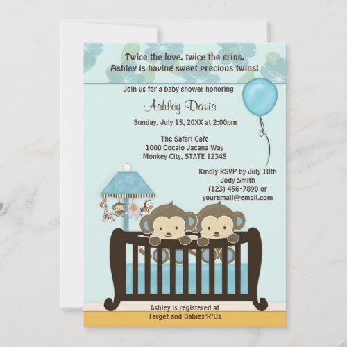 TWINS Monkey Baby Shower Invitation Crib BLUE CJ-B
