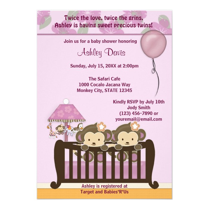 TWINS Monkey Baby Shower Invitation Crib ORCHID