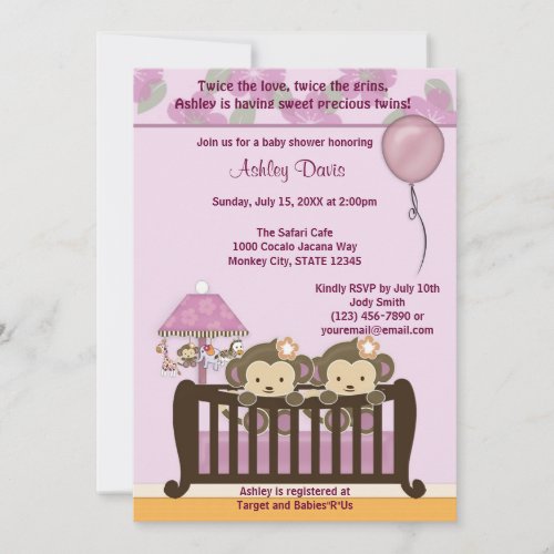TWINS Monkey Baby Shower Invitation Crib ORCHID