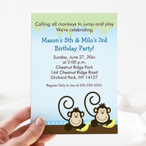 Twins Monkey Birthday Invitation