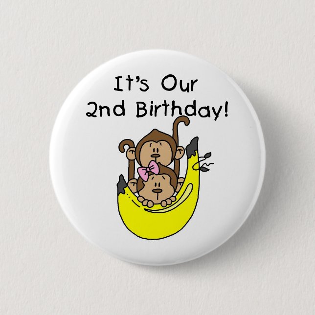 Twins Monkey Boy and Girl 2nd Birthday Pinback Button (Front)