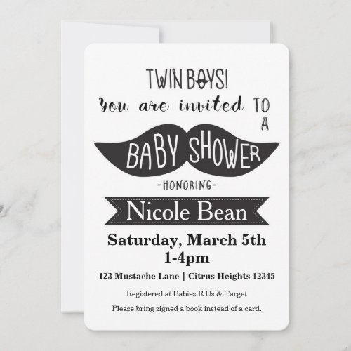 TWINS Mustache Baby Shower Black White Invitations