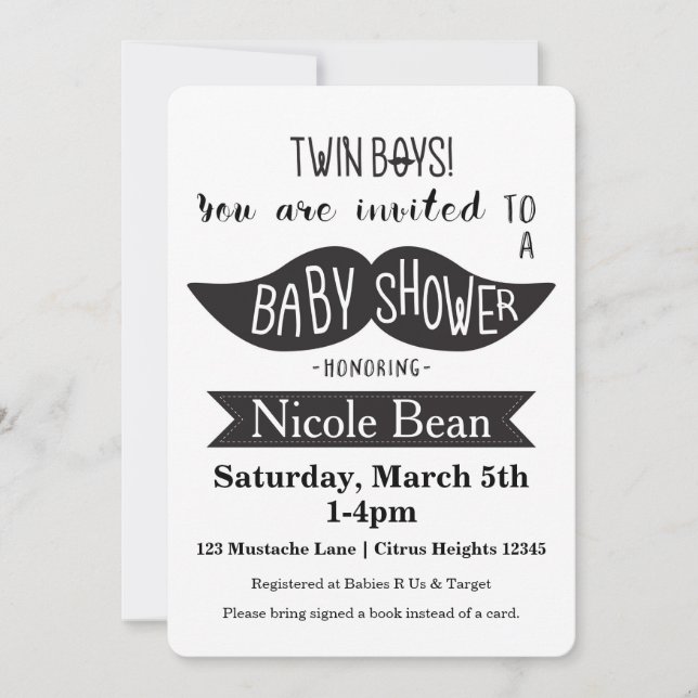 TWINS Mustache Baby Shower Black White Invitations (Front)
