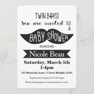TWINS Mustache Baby Shower Black White Invitations