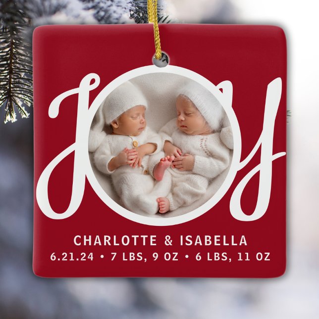 Twins Names Birth Stats Photo Red Keepsake Ceramic Ornament (Creator Uploaded)