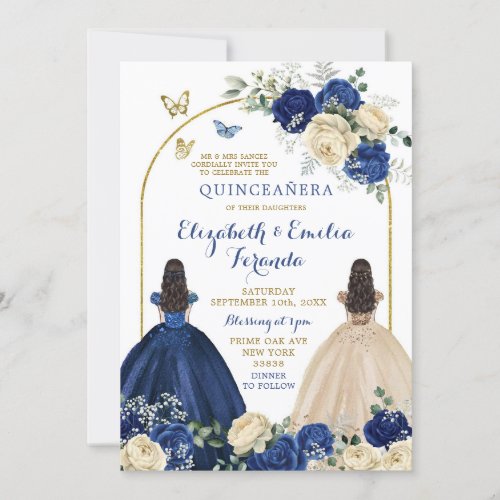 Twins Navy Blue Ivory Princesses Quinceaera Invitation