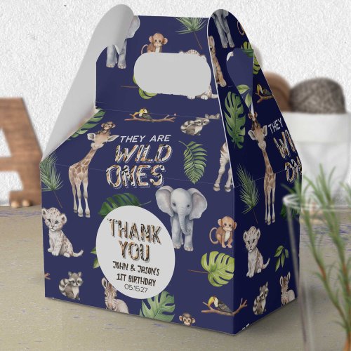 Twins Navy Blue Safari Jungle Themed 1st birthday Favor Boxes