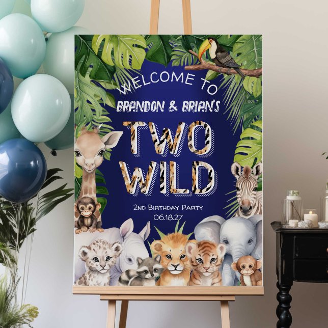 Twins Navy Blue Two Wild Boy 2nd birthday welcome Foam Board (Twins, Two wild, Navy BLue Jungle animals themed birthday welcome sign.)