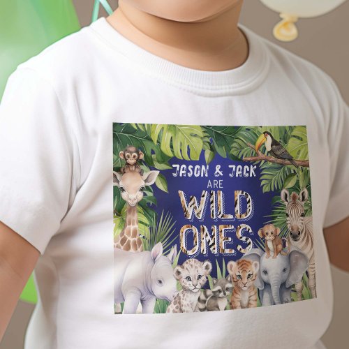 Twins Navy Blue Wild One Safari Jungle Boy 1st  Baby T_Shirt