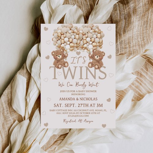 Twins Neutral Bear Hearts  Balloons Baby Shower Invitation