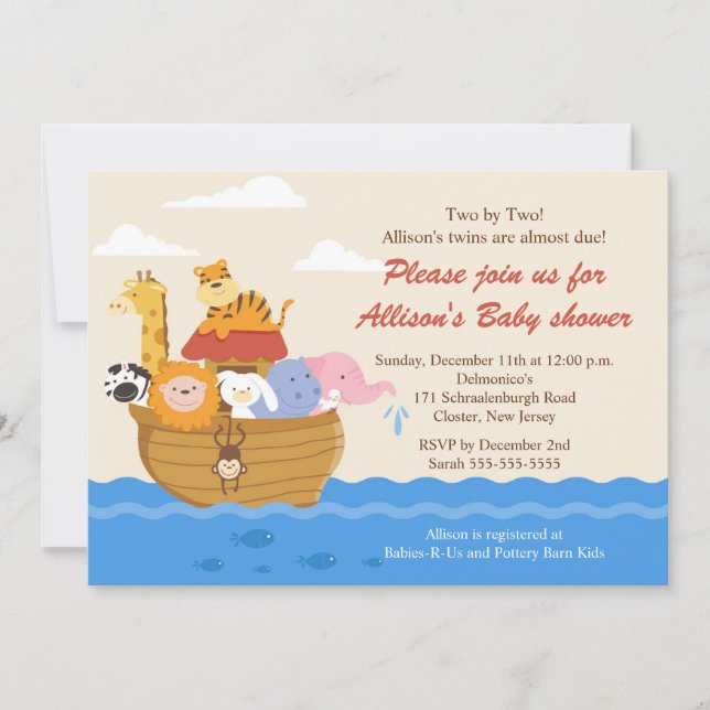 TWINS! Noah's Ark Boy or Girl Baby Shower Invitation (Front)